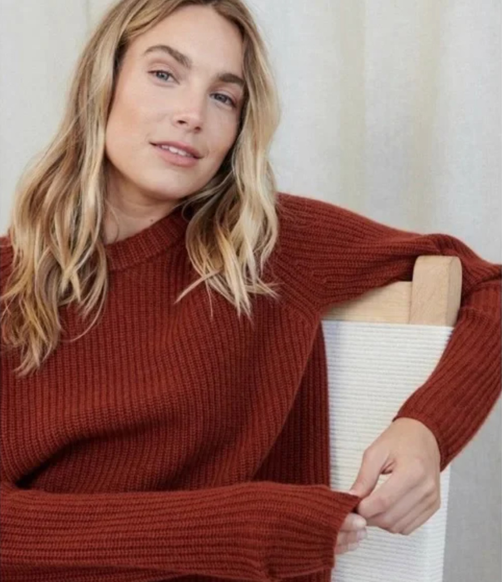Jenni Kayne S Iconic 100% Cashmere Fisherman Sweater $425 Crewneck Rust Brown
